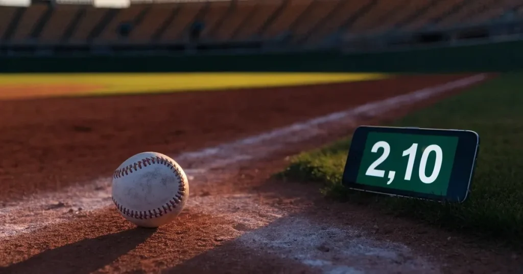 Ein weisser Baseball liegt auf rotbraunem Sand neben der Grundlinie eines leeren Stadions im warmen Abendlicht, die Ränge sind verlassen.