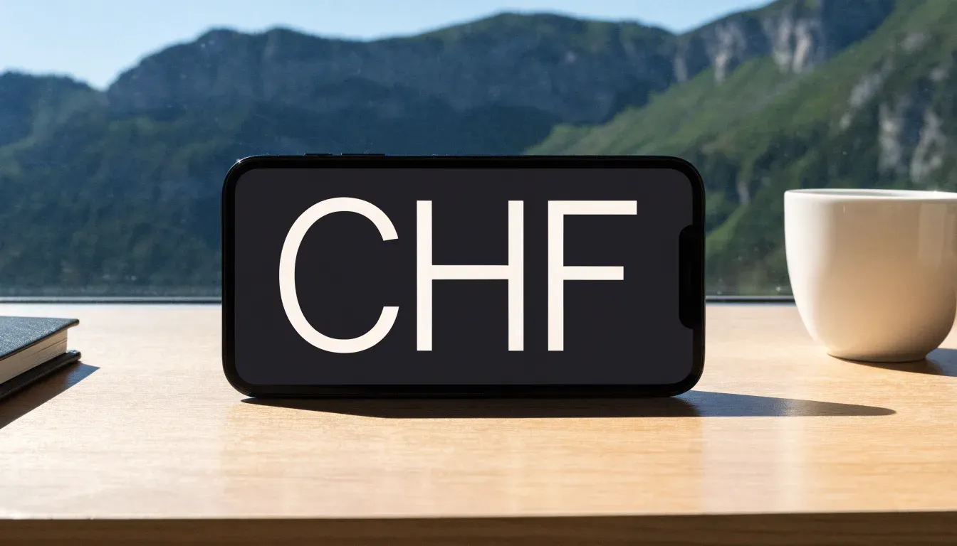 Ein Smartphone mit dunklem Bildschirm liegt auf einem hellen Schreibtisch neben einer Tasse, durch das Fenster dahinter sieht man eine Bergkette.