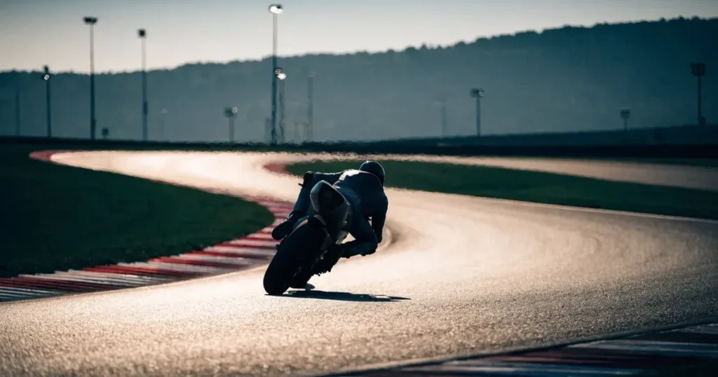 Eine leere Rennstrecke mit rot-weissen Randsteinen im Morgenlicht, im Hintergrund sanfte Hügel und ein einzelner Motorradhelm auf einer niedrigen Mauer.