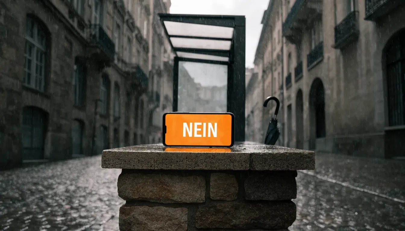 Eine Tramhaltestelle bei Regen in einer Altstadtgasse, das Kopfsteinpflaster glänzt und ein einzelner Regenschirm lehnt an einem Mäuerchen.
