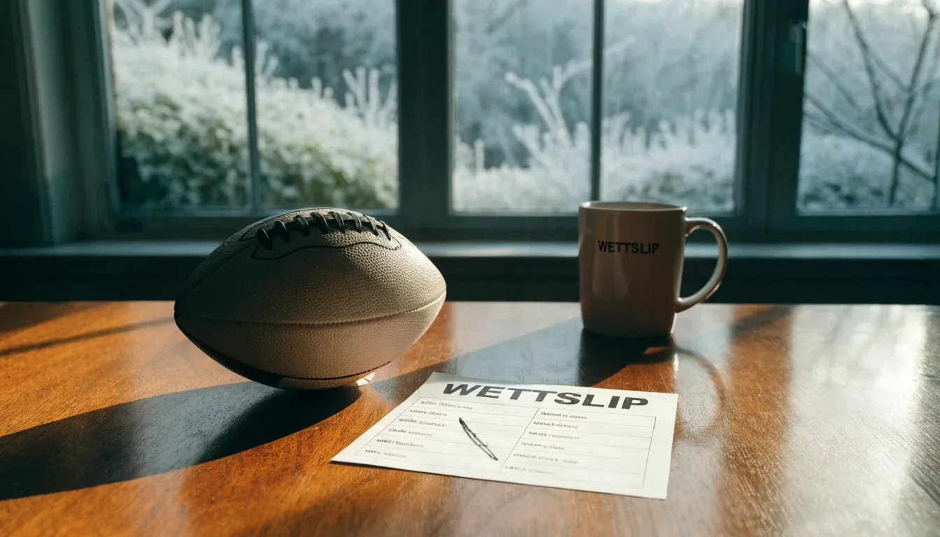 Ein Kaffeebecher und ein Football stehen auf einem Küchentisch am Morgen, durch das Fenster sieht man einen Garten mit Raureif.