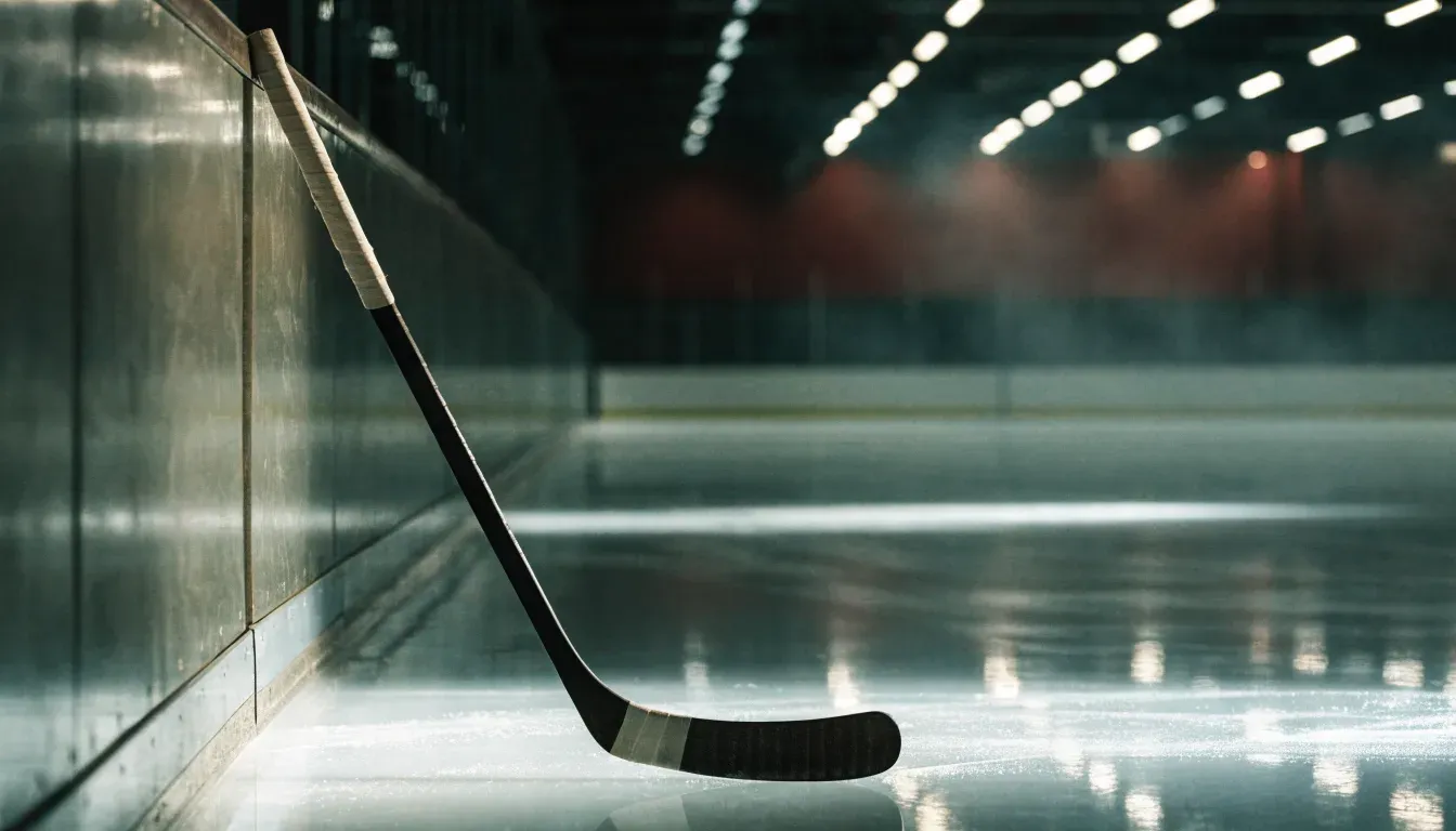 Ein Eishockeyschläger lehnt an der Bande, in der Ferne liegt die hell beleuchtete Eisfläche einer Halle unter Flutlicht.