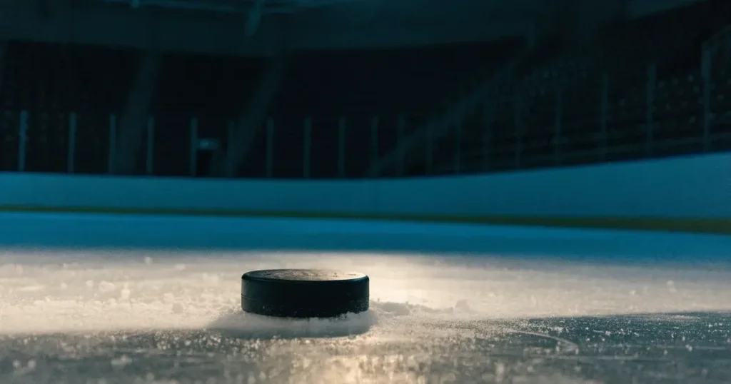 Ein Eishockeypuck liegt auf einer glatten Eisfläche, im Hintergrund erheben sich die dunklen Ränge einer leeren Halle.