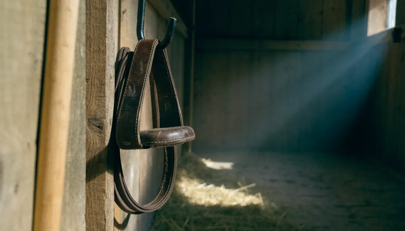 Lederne Steigbügel und ein Zügel hängen an einer Holzwand in einem ruhigen Stall, Heu liegt im Licht eines kleinen Fensters.