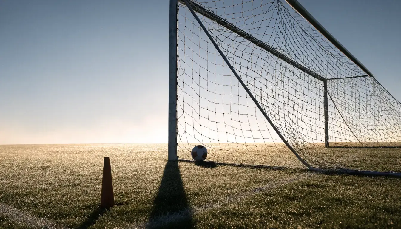 Ein Fussballtor mit Netz in der Totalen auf einem leeren Platz, Tau glänzt im Gras und die Morgensonne steht tief.