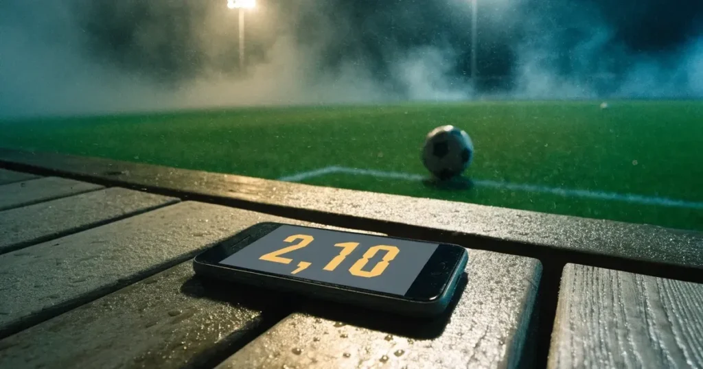 Ein Fussball liegt auf der Strafraumlinie eines nassen Rasens, dahinter stehen Flutlichtmasten im aufsteigenden Nebel.
