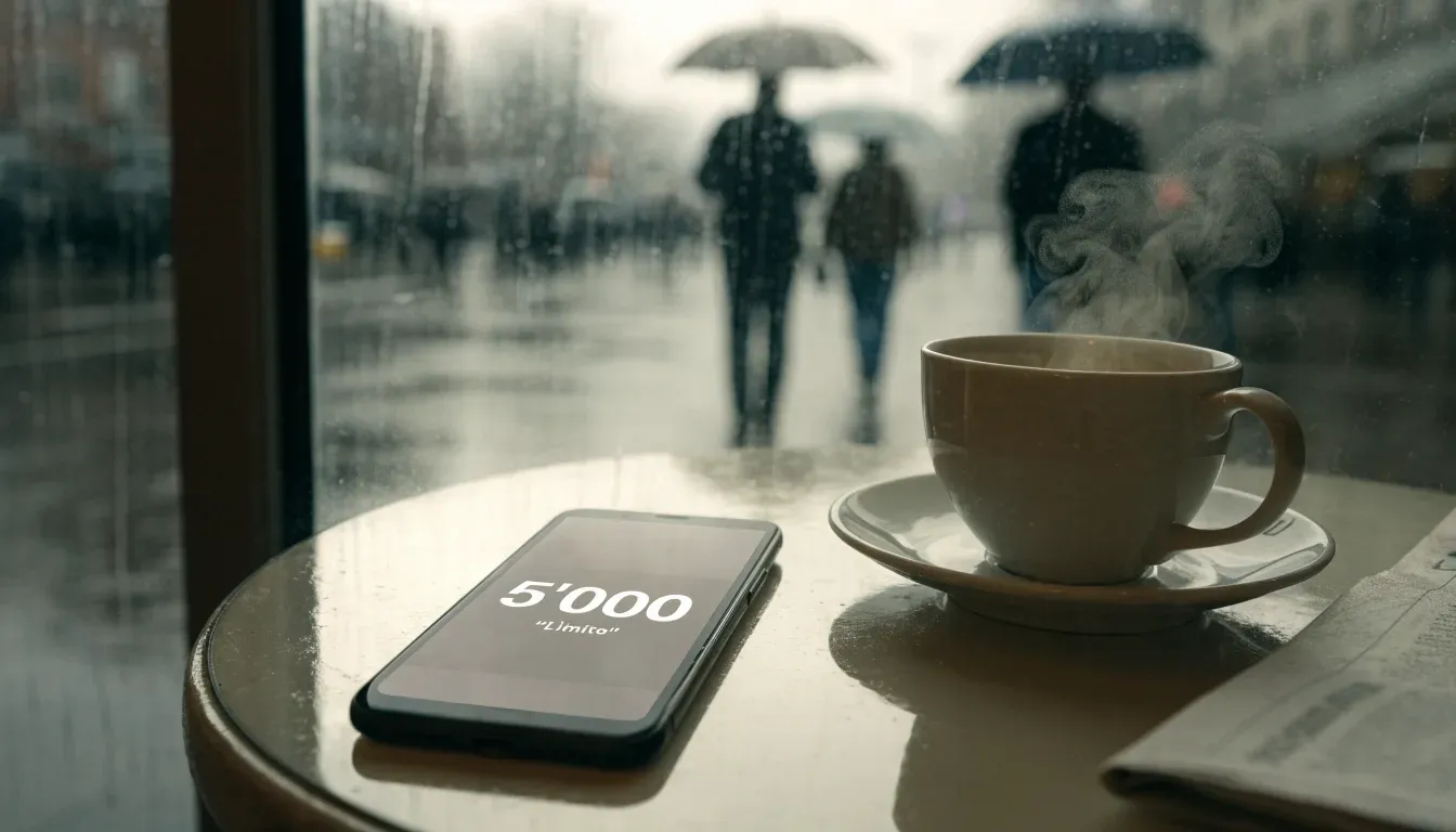 Ein Café-Tisch am Fenster mit einer Teetasse, draussen ein nasser Gehweg und Passanten mit Regenschirmen in unscharfer Ferne.