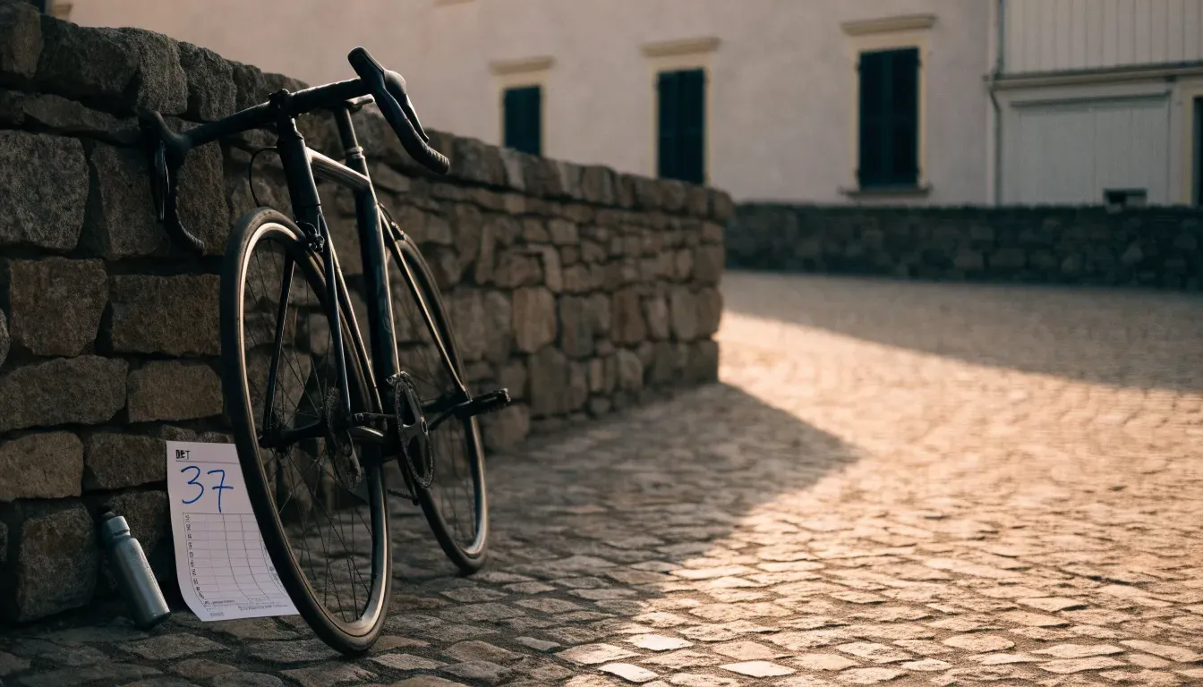 Ein Rennrad lehnt an einer Steinmauer am Rand eines Dorfplatzes, daneben eine Trinkflasche im ersten Sonnenlicht.