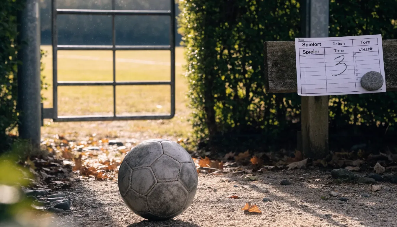 Ein abgenutzter Fussball liegt auf einem Kiesweg neben dem Eingang eines Vereinsplatzes, Laub liegt auf dem Boden.