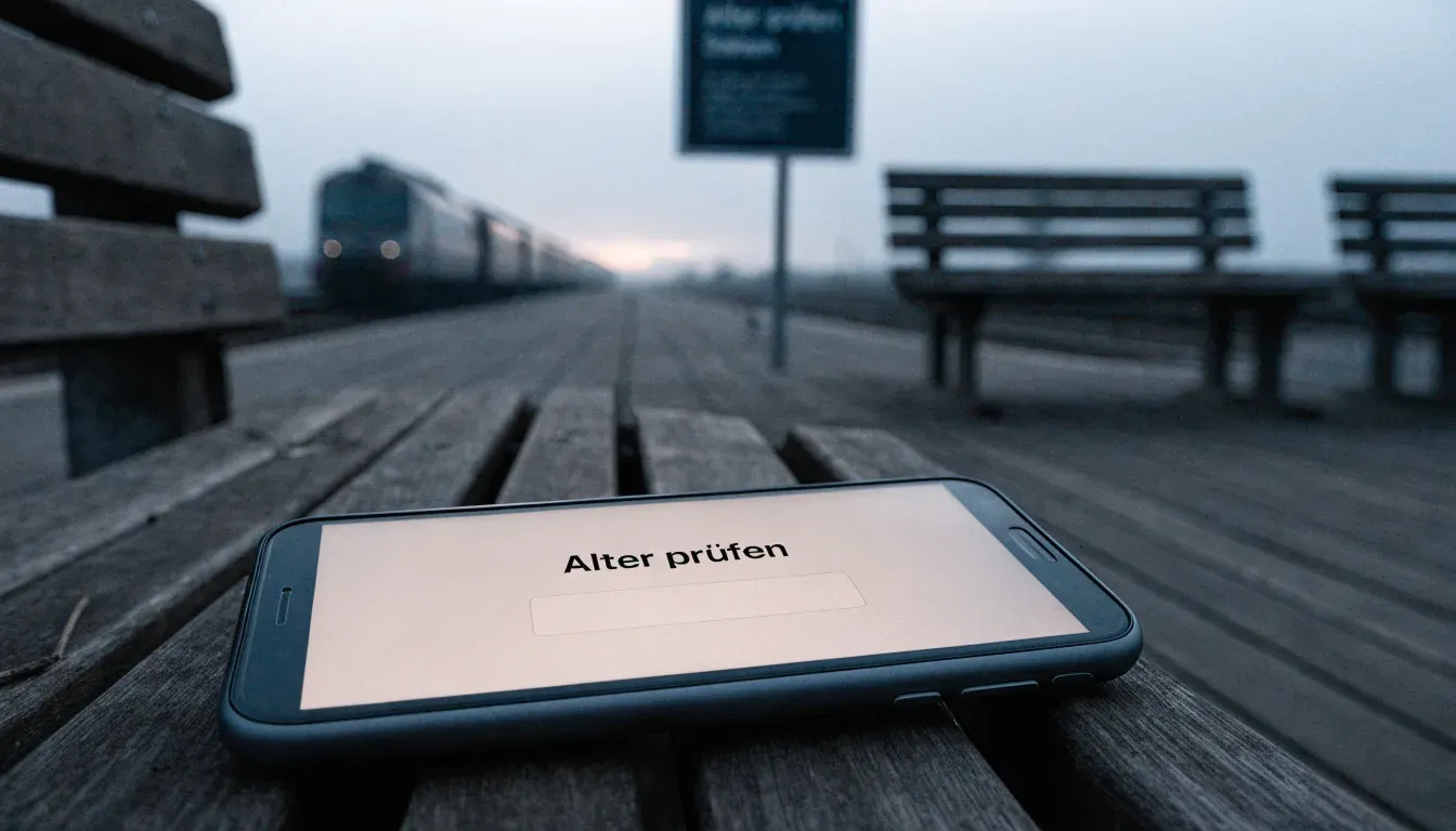 Ein Bahnsteig mit leeren Bänken an einem Regionalbahnhof am Morgen, ein Zug fährt in der Ferne ein.