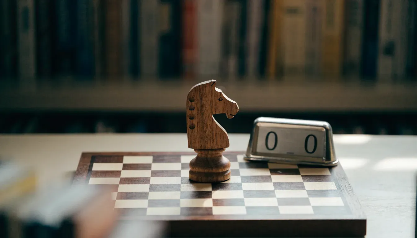 Ein Springer aus Holz steht allein auf einem Brett neben einer Schachuhr aus Metall, im Hintergrund unscharfe Bücherregale.