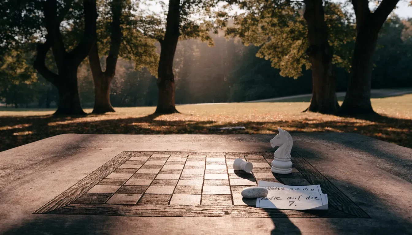 Ein Parkbank-Tisch mit eingelassenem Spielfeld unter alten Kastanien, auf den Wegen liegt Laub und die Sonne steht tief.