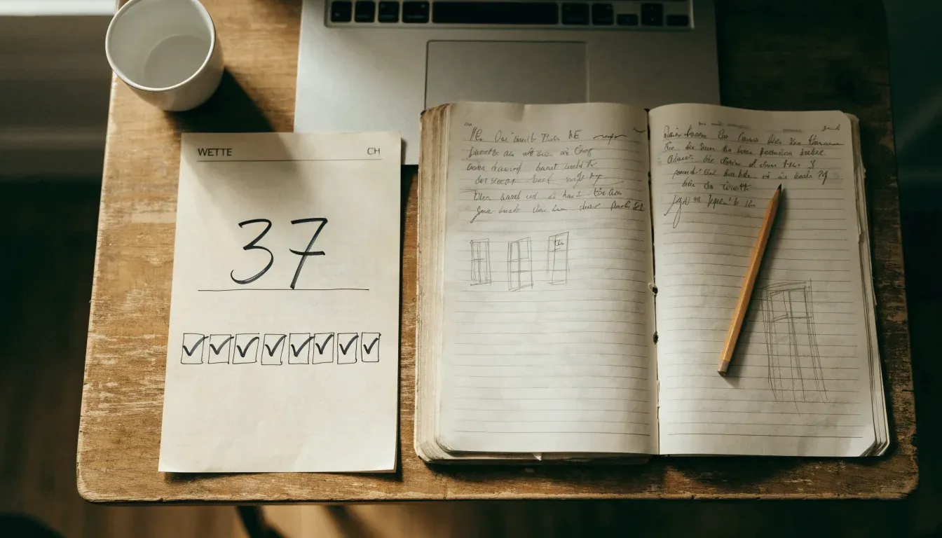 Ein aufgeschlagenes Notizbuch mit handschriftlichen Skizzen neben einem Bleistift und einer Kaffeetasse auf einem Holztisch.