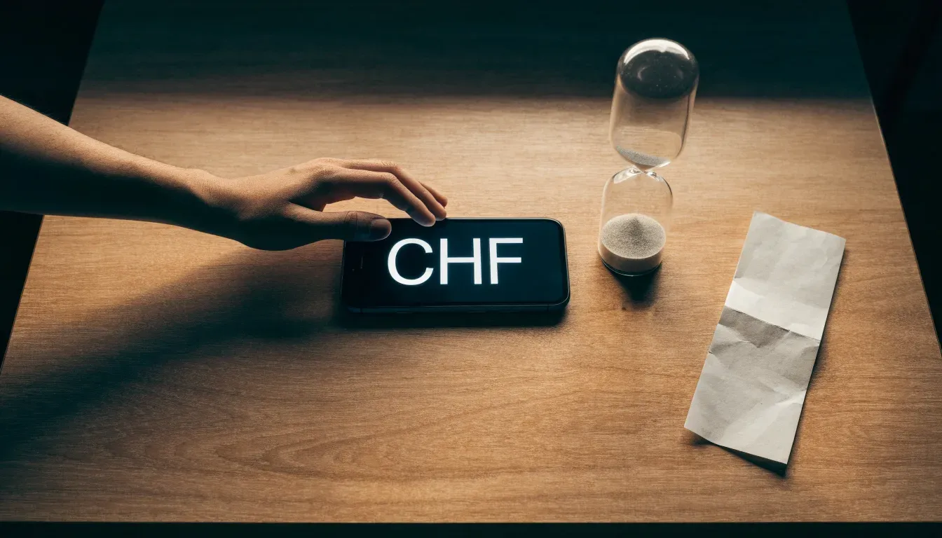 Eine Sanduhr steht auf einem Holztisch neben einem umgedrehten Smartphone, warmes Licht fällt von der Seite ein.