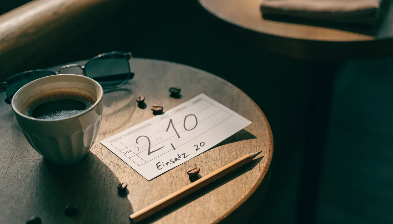Eine Espressotasse und ein Bleistift liegen auf einem Caféhaustisch neben einer gefalteten Stoffserviette im Licht der Morgensonne.