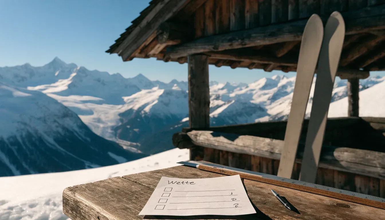 Zwei Skier stecken aufrecht im Schnee neben einer Holzhütte, dahinter ein weites Alpenpanorama bei klarem Himmel.