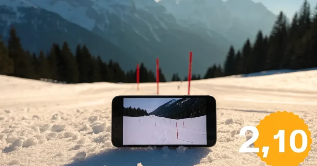 Ein frisch präparierter Hang mit Slalomstangen in einer Reihe im ersten Morgenlicht, Schneespuren im Hang und Berge im Hintergrund.