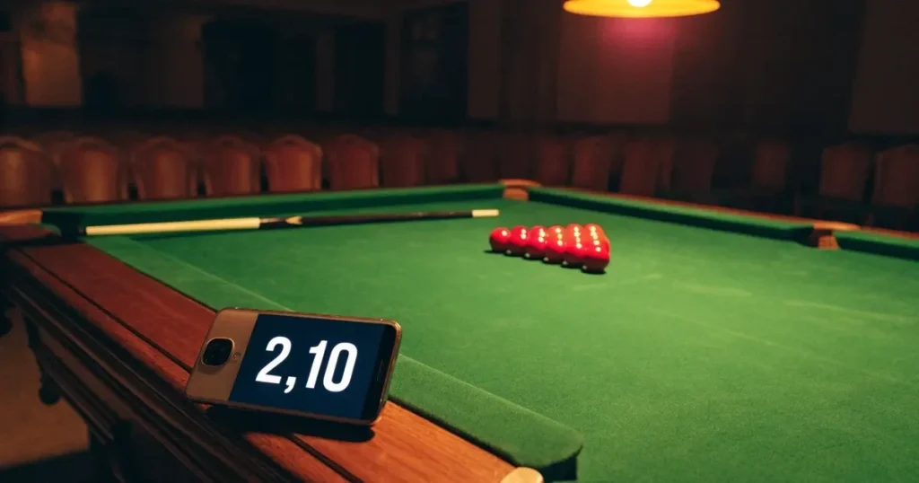 Ein Snookertisch mit grünem Tuch und einem Dreieck aus roten Kugeln unter einer tief hängenden Lampe in einer leeren Halle.
