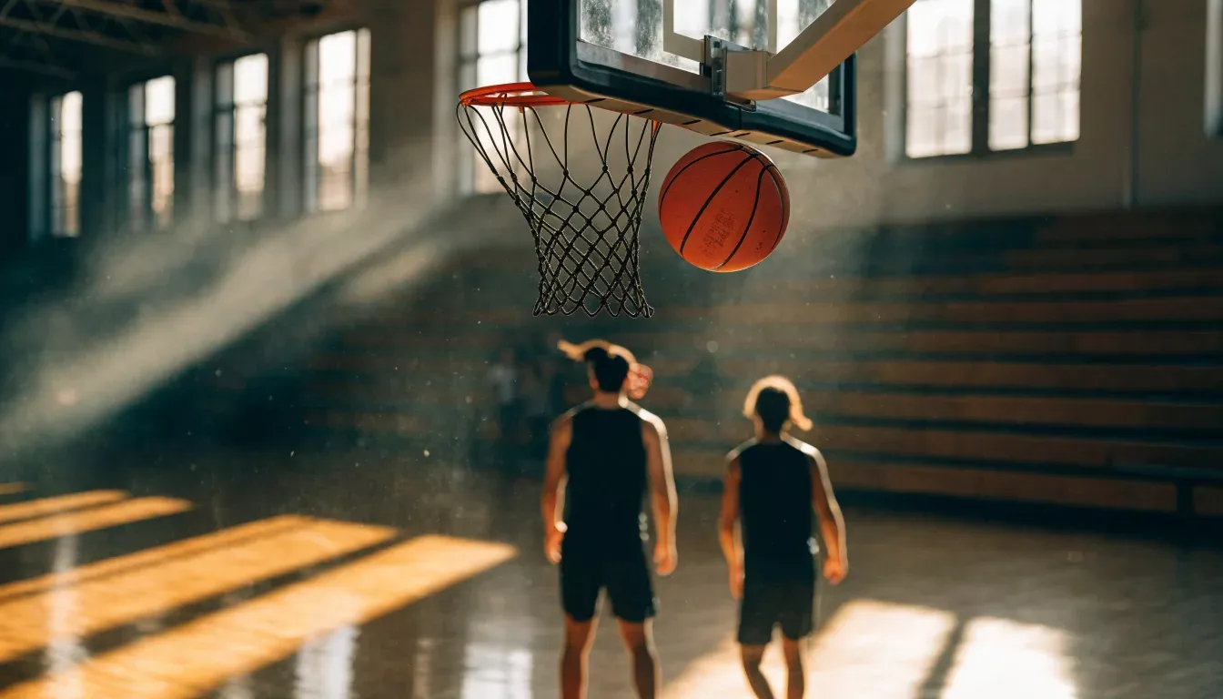 Ein Basketballkorb hängt in einer leeren Turnhalle, durch hohe Fenster fällt Licht auf das Holzparkett.