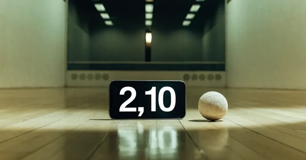 Ein leerer Squashcourt mit weissen Wänden und hellem Holzboden, ein Ball liegt in der Mitte, Deckenlicht spiegelt sich im Parkett.