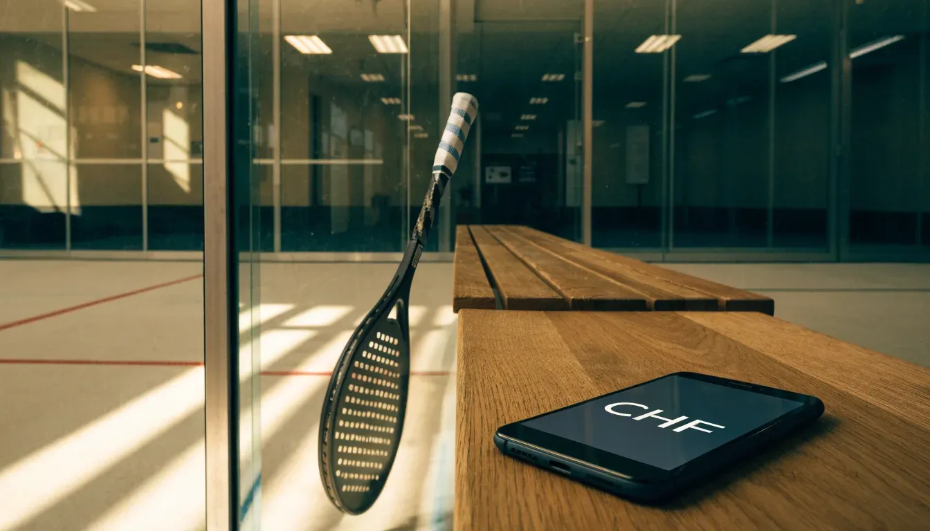 Ein Squashschläger lehnt an der Glaswand eines leeren Courts, draussen fällt Tageslicht in den Gang.