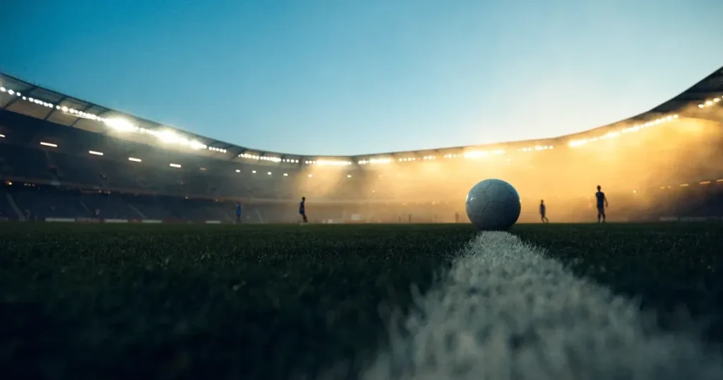Eine Seitenlinie aus weisser Kreide auf dem Rasen in der Dämmerung, in der Ferne ragt eine hell beleuchtete Stadionschüssel auf.