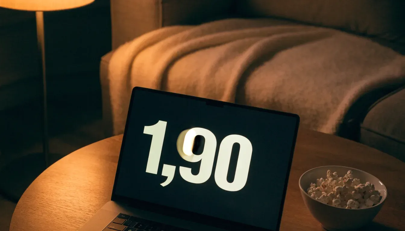 Ein Sofa mit Wolldecke und eine Schale Popcorn auf dem Couchtisch in einem Wohnzimmer bei Lampenlicht am späten Abend.