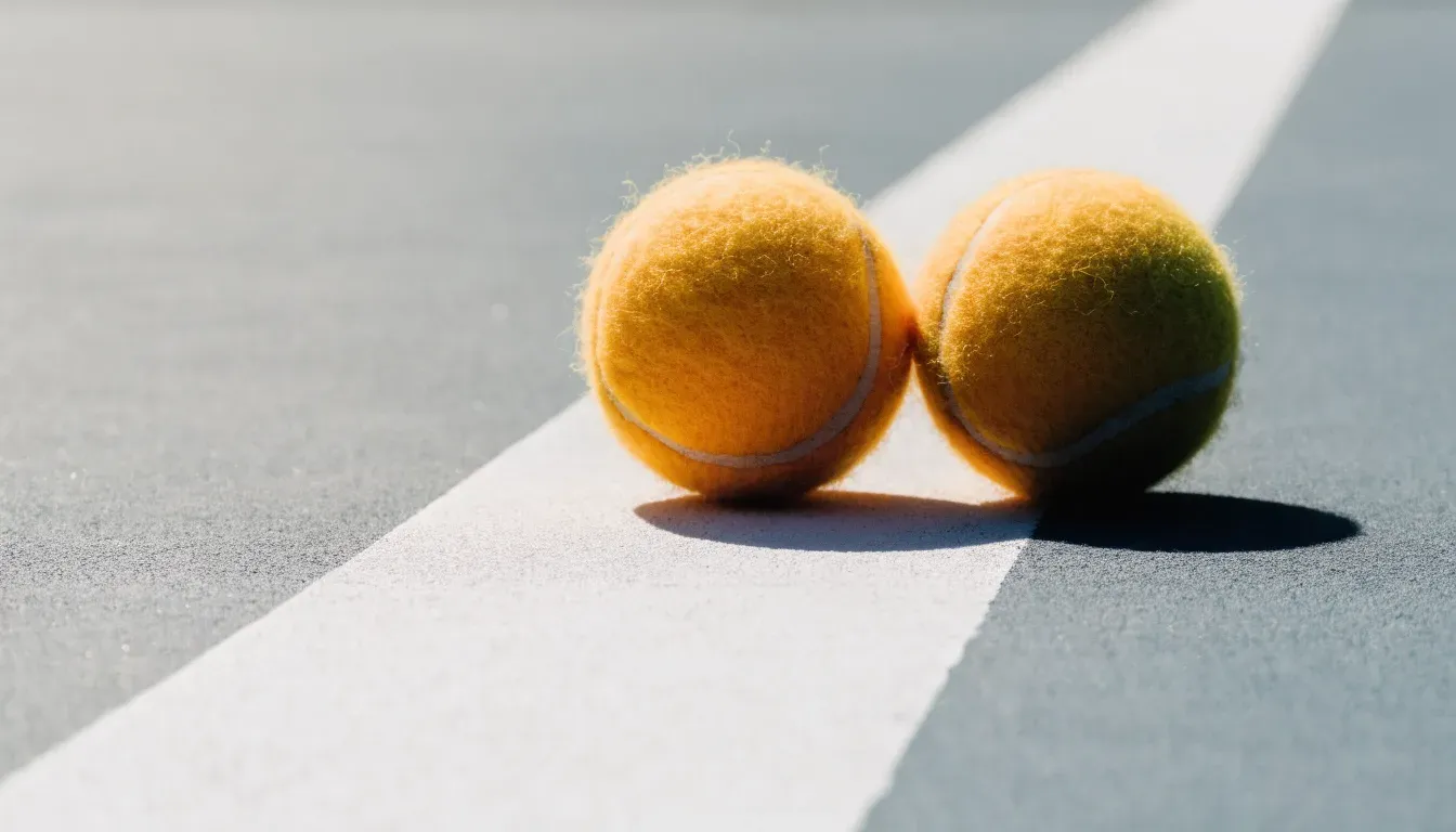 Zwei Tennisbälle liegen auf der weissen Grundlinie eines Hartplatzes im grellen Sonnenlicht.