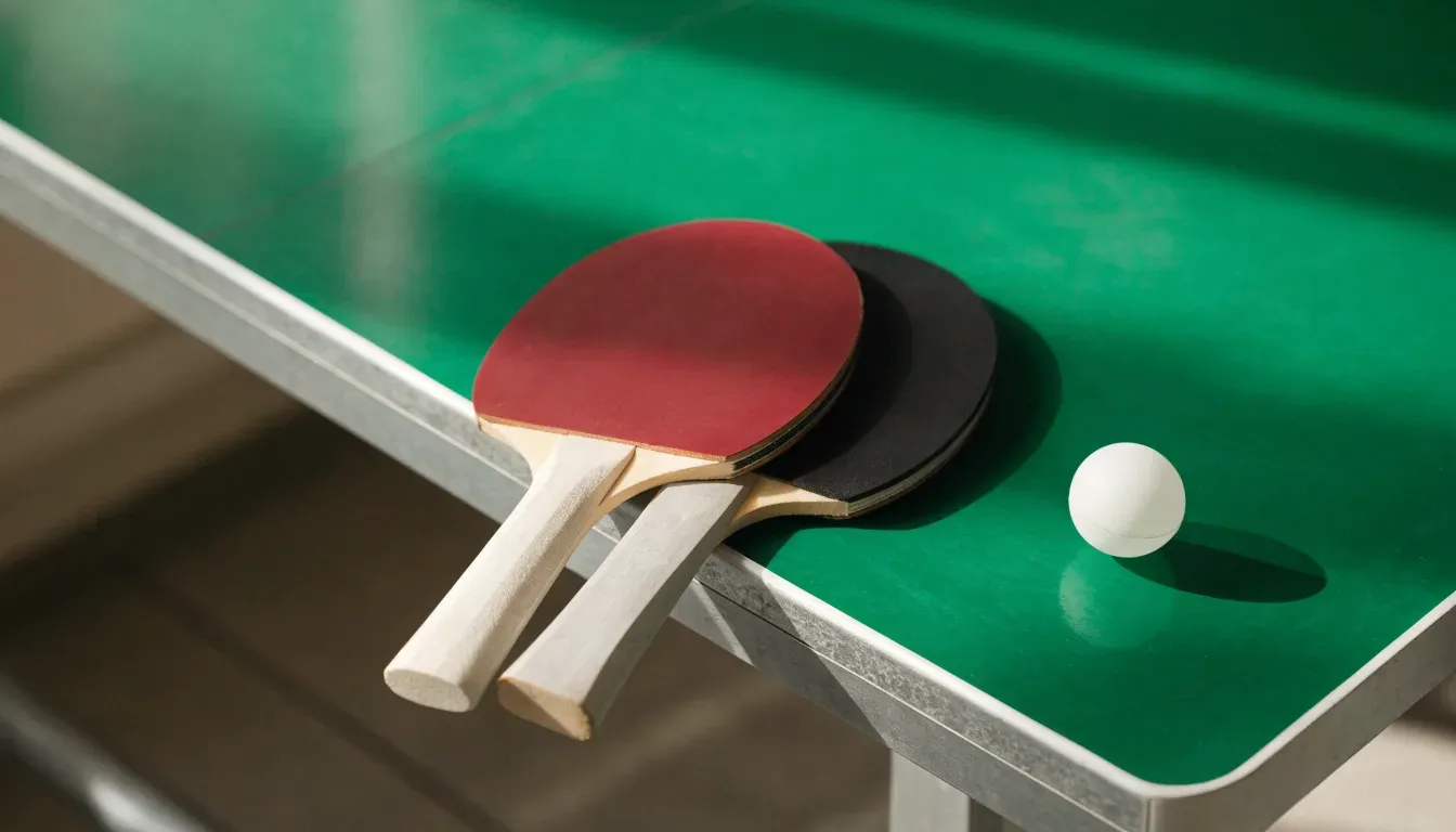 Zwei Tischtennisschläger liegen gekreuzt am Rand einer Platte, daneben ein kleiner weisser Ball.