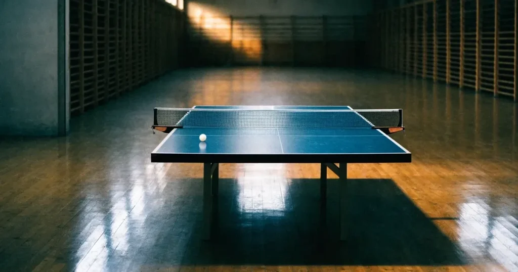 Eine Tischtennisplatte mit Netz in einer leeren Sporthalle, ein heller Ball liegt auf einer Seite, Deckenlicht spiegelt sich im Hallenboden.