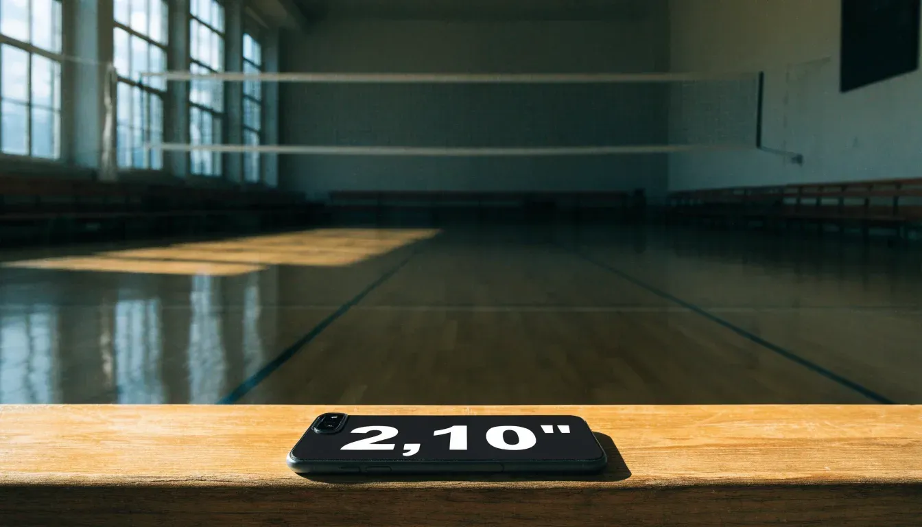 Eine Sporthalle mit gespanntem Volleyballnetz über poliertem Holzboden, hohe Fenster lassen Tageslicht herein.