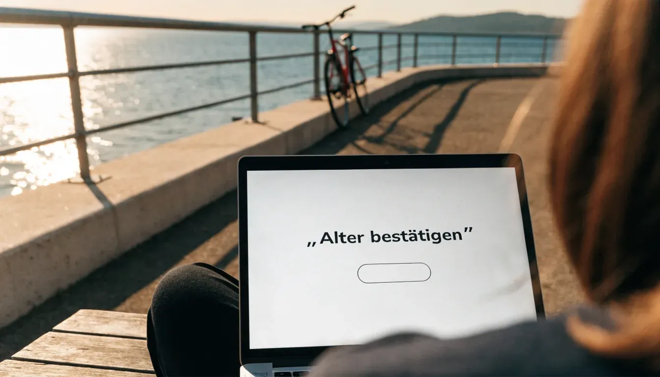 Ein Fahrrad lehnt an einem Geländer einer Uferpromenade an einem See im Sonnenlicht.