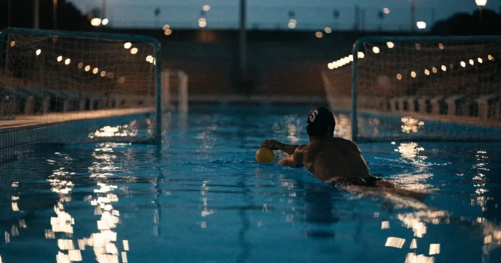 Ein Wasserballbecken am Abend mit zwei schwimmenden Torrahmen an den Enden, ruhiges blaues Wasser, leere Ränge.