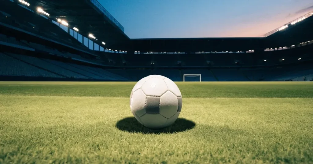 Ein Fussball liegt auf dem Anstosspunkt eines leeren Rasenplatzes, dahinter ragen die Ränge eines grossen Stadions in der Abenddämmerung auf.
