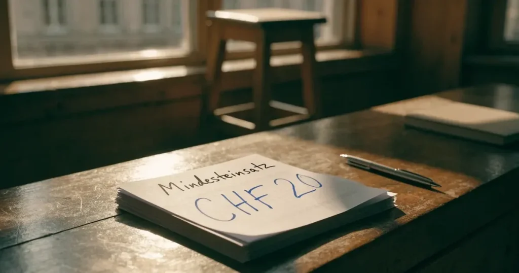 Ein leerer Ladentisch aus Holz mit einem Stapel unbeschriebener Papierzettel und einem Kugelschreiber, durch das Schaufenster fällt Tageslicht.