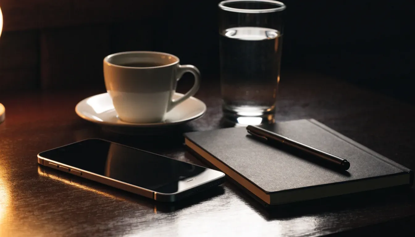 Ein Smartphone mit dunklem Display liegt neben einer Kaffeetasse und einem Glas Wasser auf einem Holztisch im Licht einer Lampe.