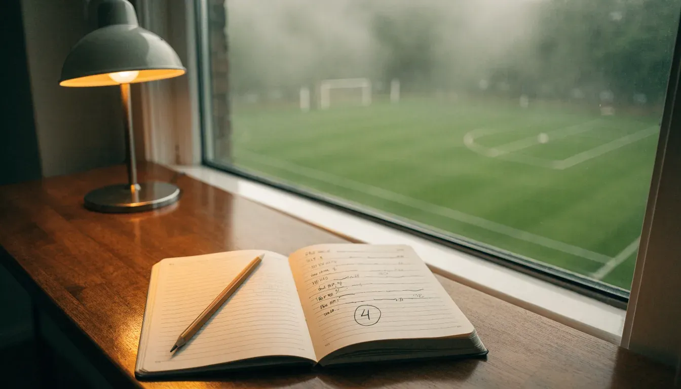 Ein Schreibtisch am Fenster mit Schreibtischlampe, Bleistift und leerem Block, draussen liegt ein Fussballplatz im Dunst.