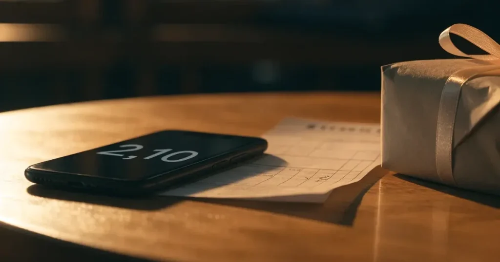 Ein kleines Geschenk mit Schleife steht auf einem Holztisch neben einem Smartphone mit dunklem Display im Seitenlicht.