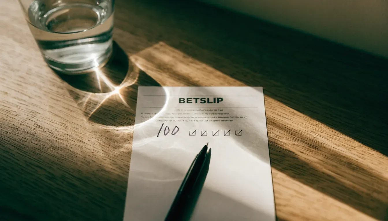 Ein Glas steht bis zum Rand gefüllt auf einem Holztisch, daneben ein Kugelschreiber und ein leeres Blatt Papier im Seitenlicht.