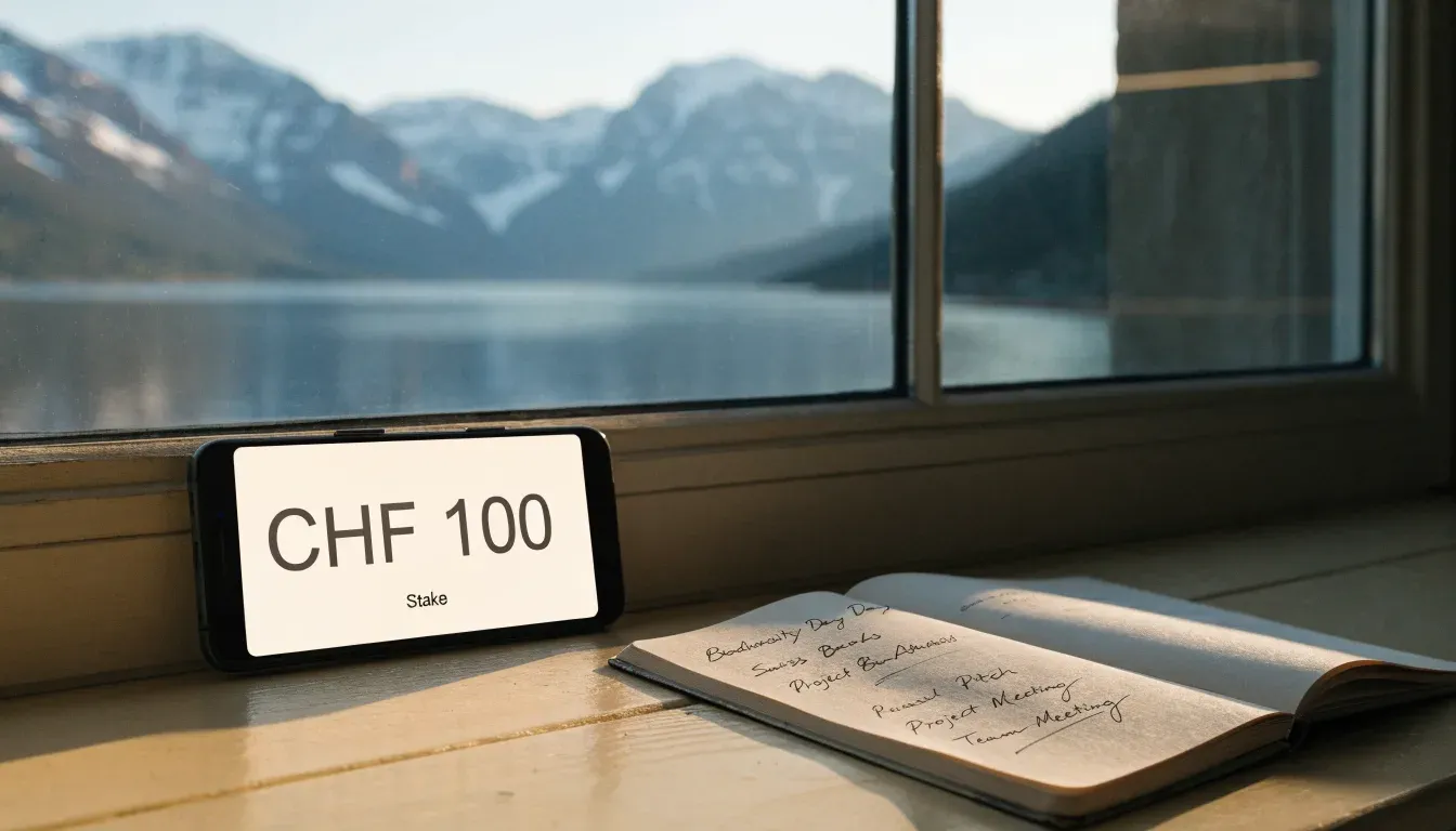 Ein leerer Sessel steht an einem Fenster mit Blick auf einen ruhigen See und schneebedeckte Berge im Morgenlicht.