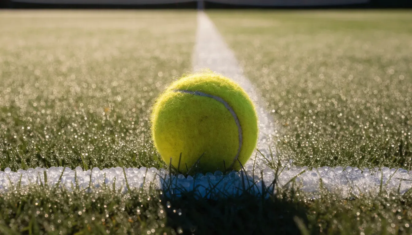 Ein gelber Tennisball liegt im Gras neben der weissen Grundlinie, Tau glitzert auf den Halmen im flachen Sonnenlicht.
