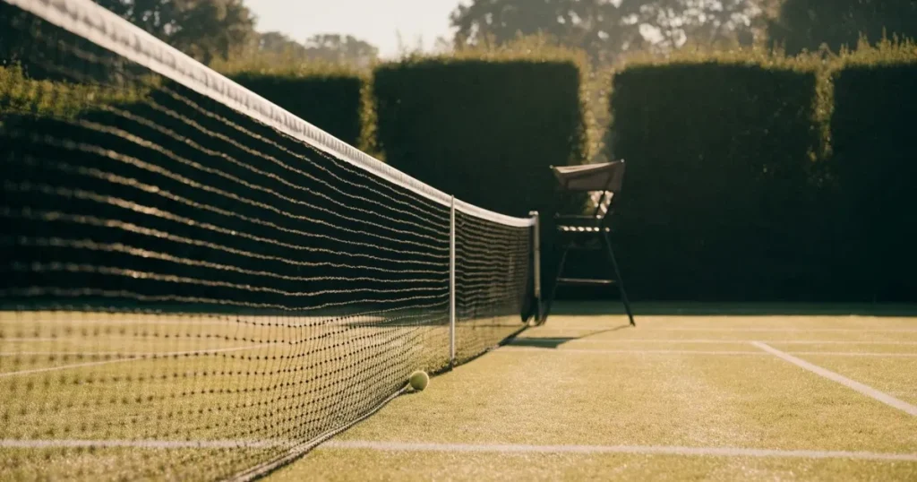 Ein Tennisplatz aus Rasen im ersten Morgenlicht mit frisch gezogenen Linien, einem Netz und einem leeren Schiedsrichterstuhl, dahinter hohe Hecken.