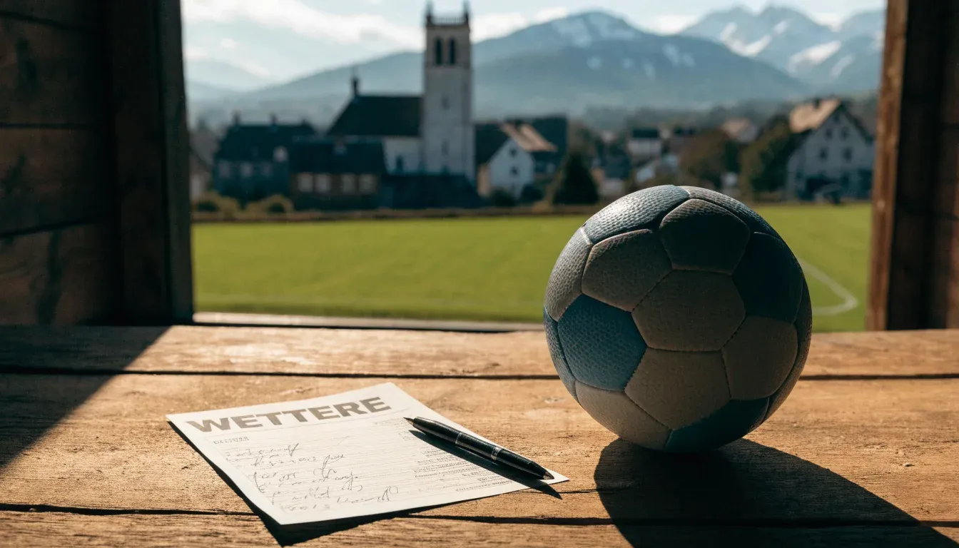 Ein Schweizer Bergdorf mit Kirchturm und einem kleinen Fussballplatz am Hang, im Hintergrund schneebedeckte Gipfel.
