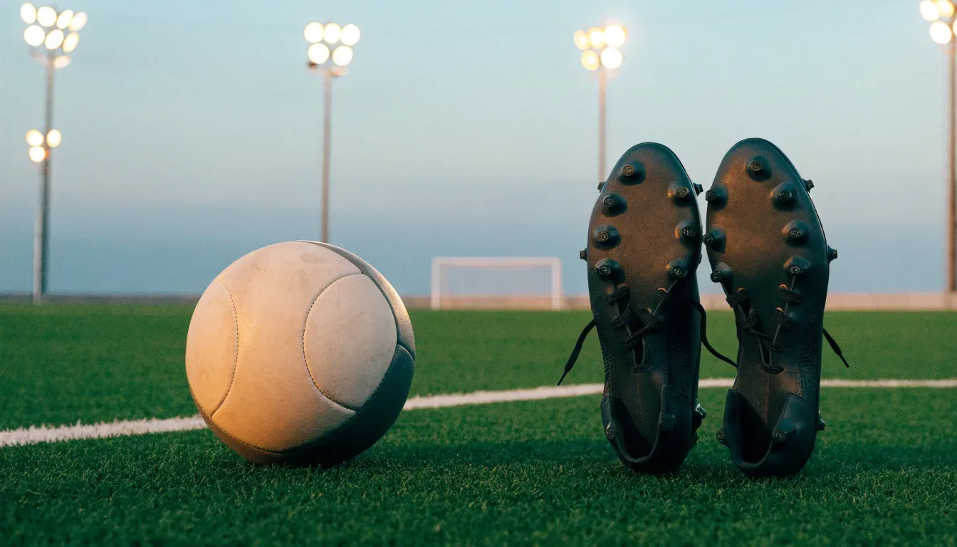 Ein Fussball und ein Paar Stollenschuhe stehen am Rand eines Kunstrasenplatzes, Flutlichtmasten ragen in den Abendhimmel.