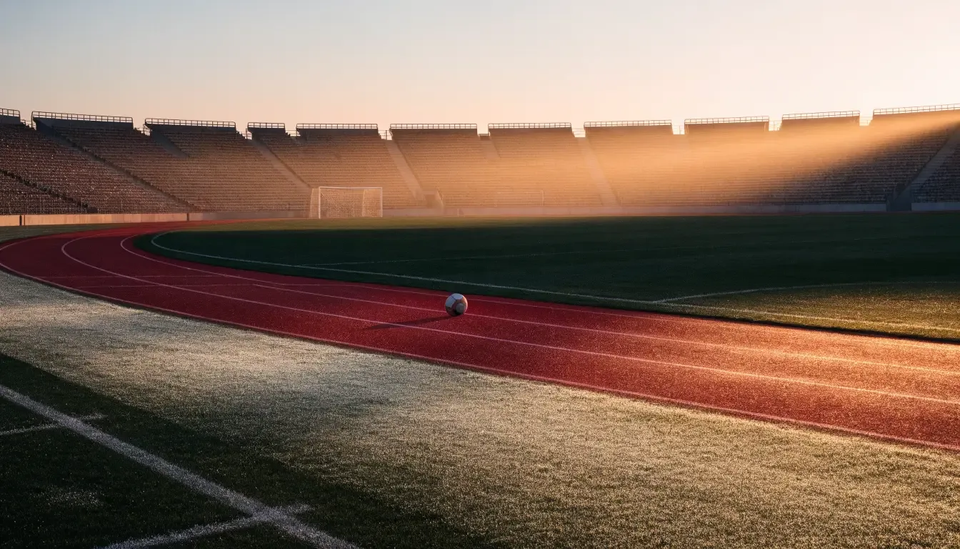 Eine rote Laufbahn umringt ein Fussballfeld beim Sonnenaufgang, auf dem Rasen liegt Tau.