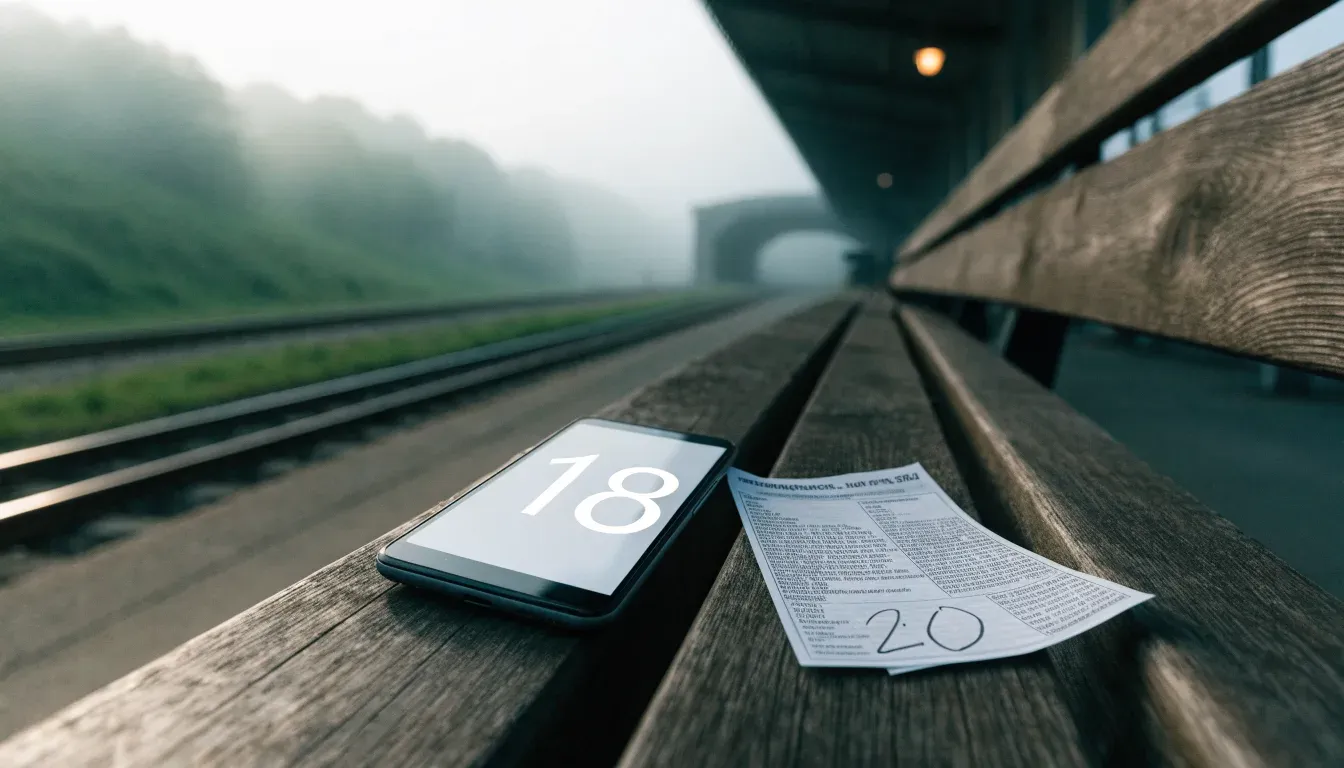 Ein leerer Bahnsteig mit einer Holzbank im Morgennebel, dahinter sanfte Hügel.