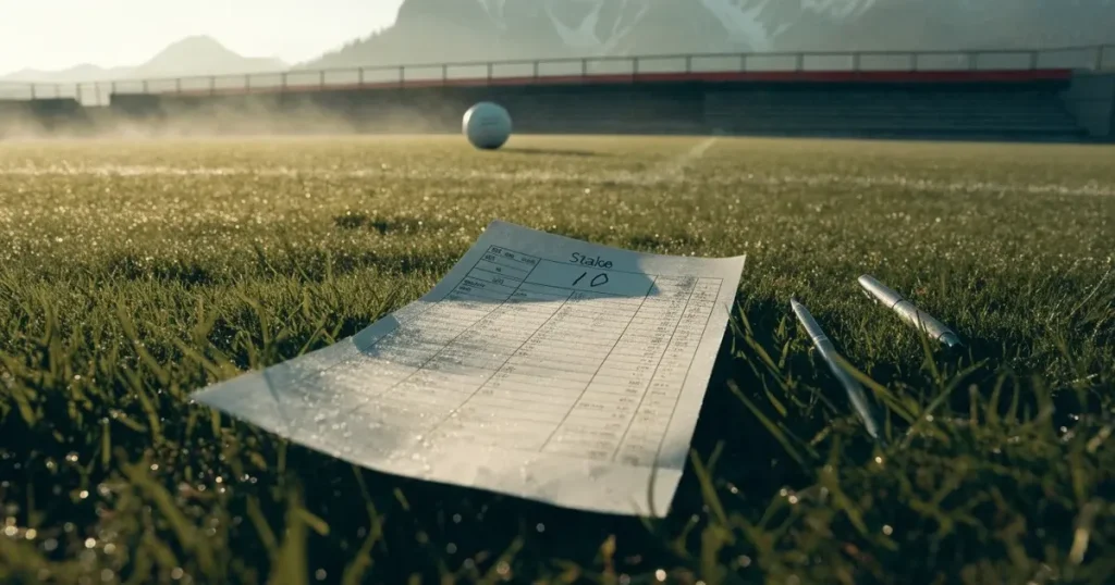 Ein Fussball liegt am frühen Morgen auf dem Rasen eines leeren Fussballfeldes, dahinter eine kleine Tribüne und schneebedeckte Berge.