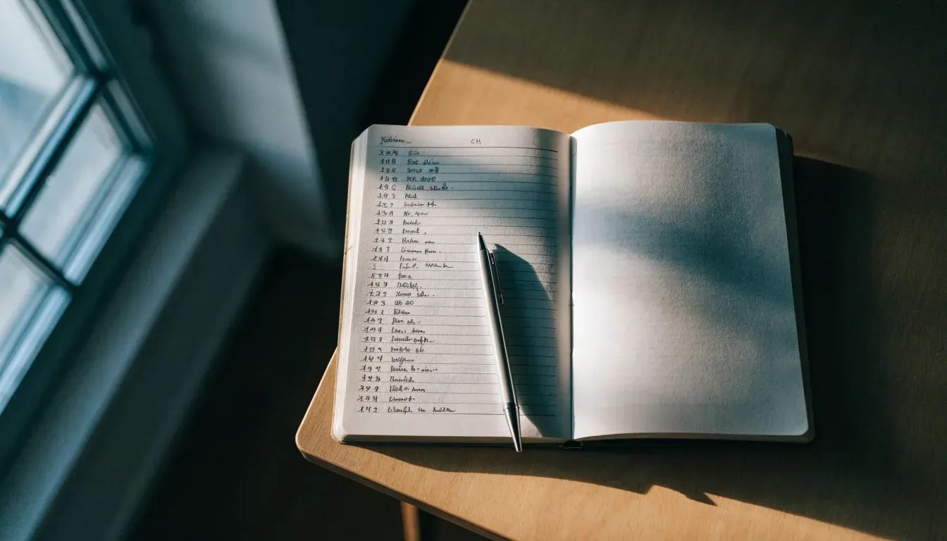 Ein aufgeschlagenes Notizbuch mit handschriftlichen Notizen und ein Kugelschreiber liegen auf einem Holztisch neben einem Fenster mit Tageslicht.
