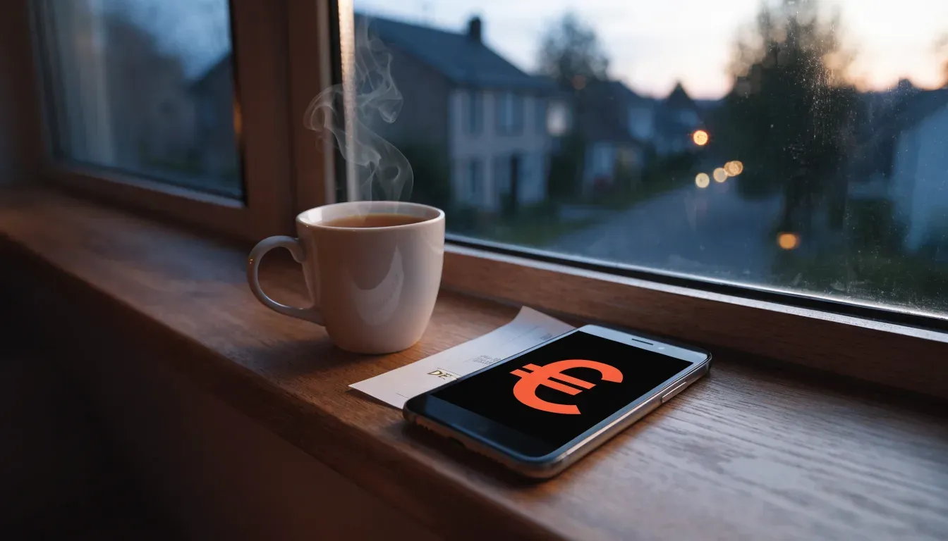 Eine Sanduhr steht auf einem Fensterbrett neben einer Tasse Tee, draussen dämmert es über einer ruhigen Strasse.