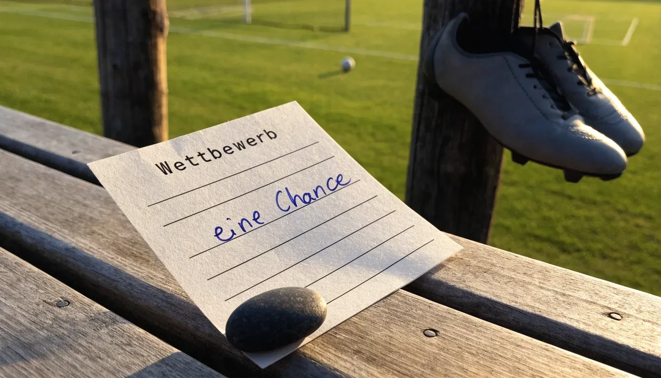 Ein Fussballschuh hängt an den Schnürsenkeln an einem Zaunpfosten neben einem Trainingsplatz im Abendlicht.